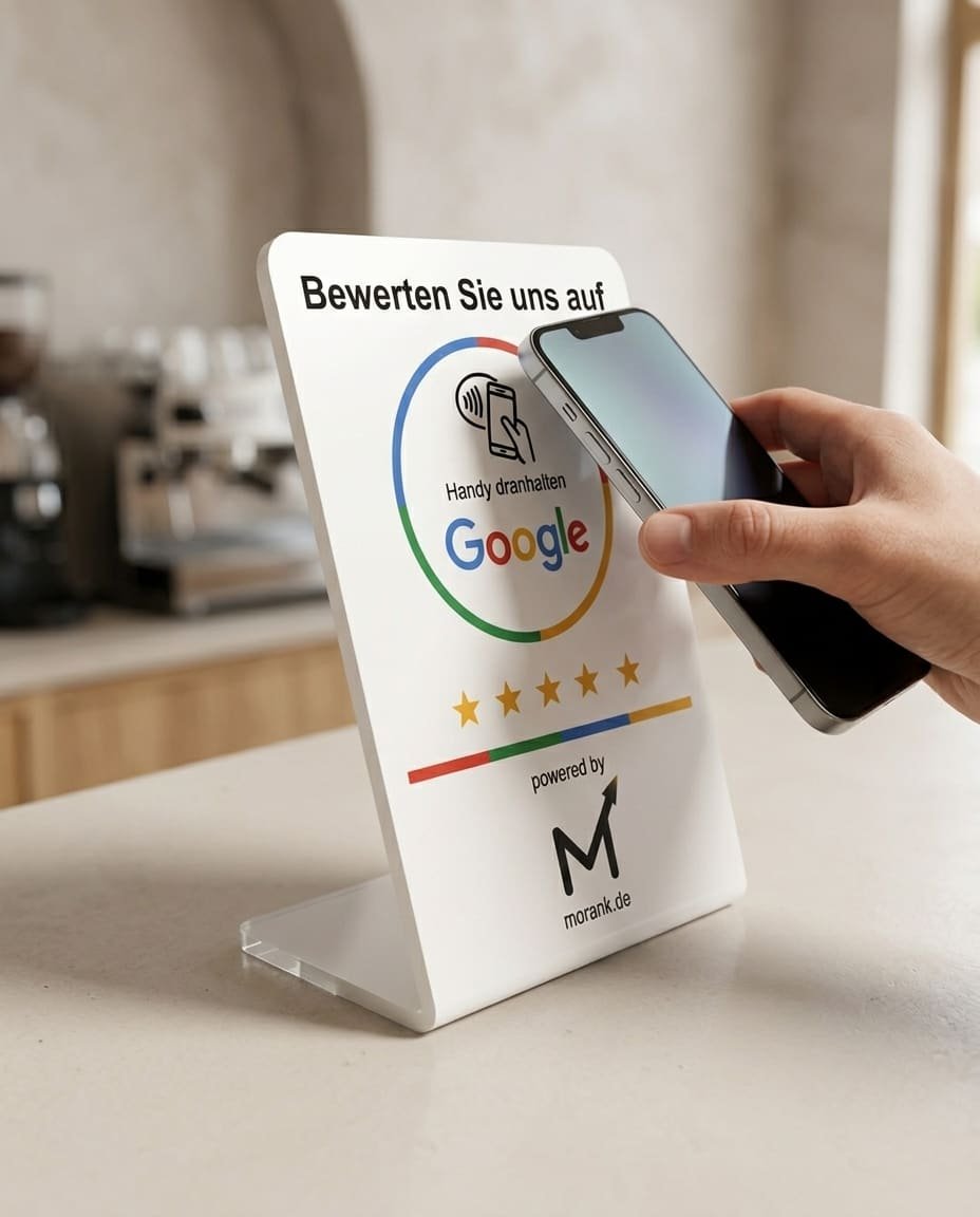 Eine Hand hält ein Smartphone an den Aufsteller auf der Theke, die Bewertung öffnet sich durch bloßes Dranhalten