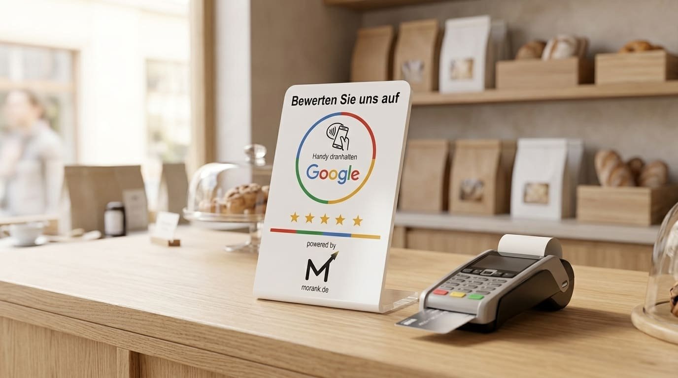 Der Aufsteller auf der Holztheke einer Bäckerei, direkt neben dem Kartenterminal als Größenvergleich