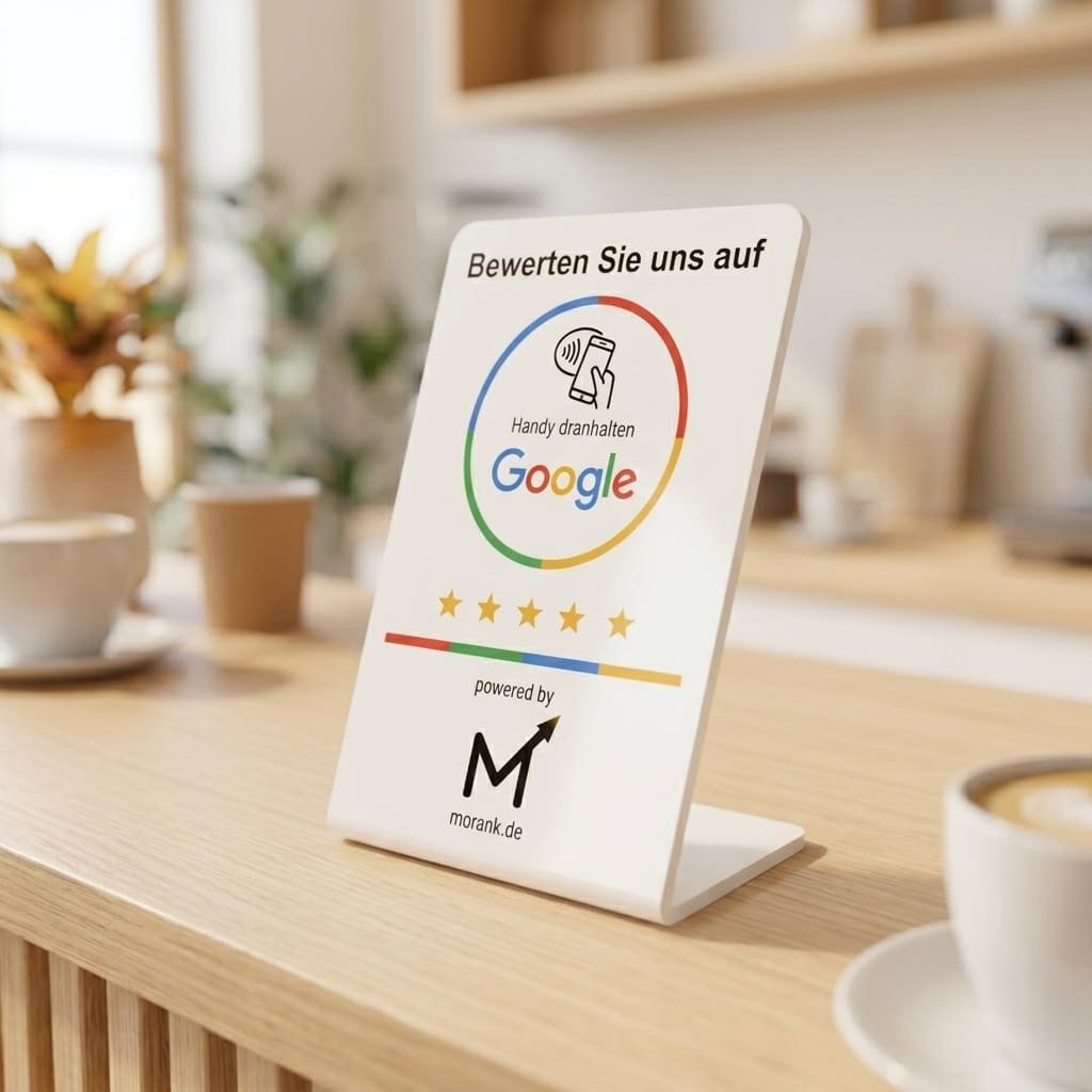Morank Bewertungskarte, weißer Acryl-Aufsteller mit der Aufschrift „Bewerten Sie uns auf Google“ auf einer hellen Café-Theke