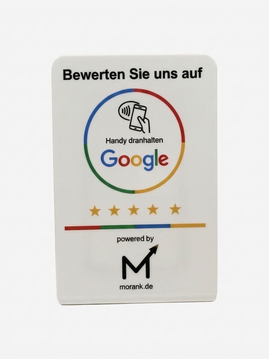Die Karte frontal im Studio, weißes, satiniertes Acryl mit NFC-Symbol und fünf Sternen